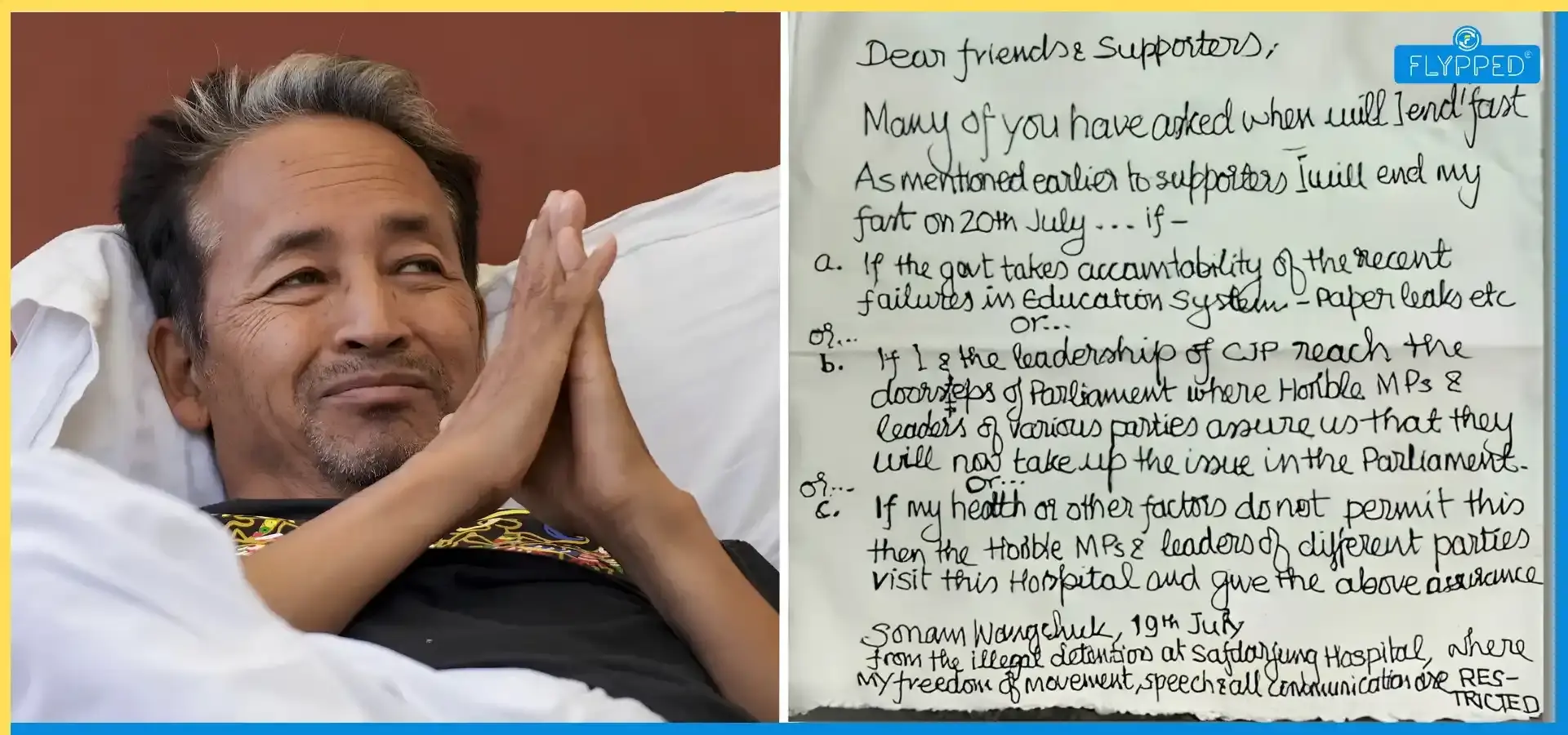 Sonam Wangchuk's 3 Conditions to End Hunger Strike Written in Hospital Note